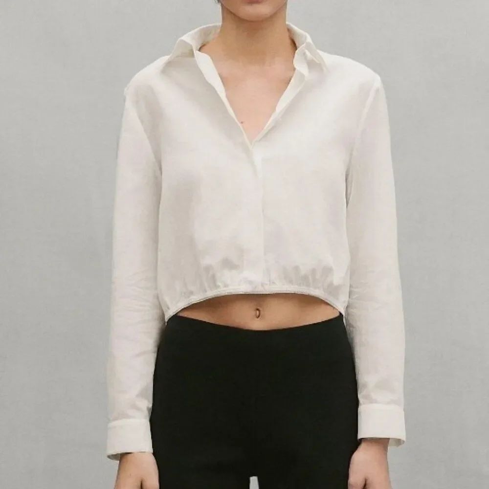 Massimo Dutti Women Collar Shirt Blouse XS Cream Long Sleeve Cotton 9428/952 NWT